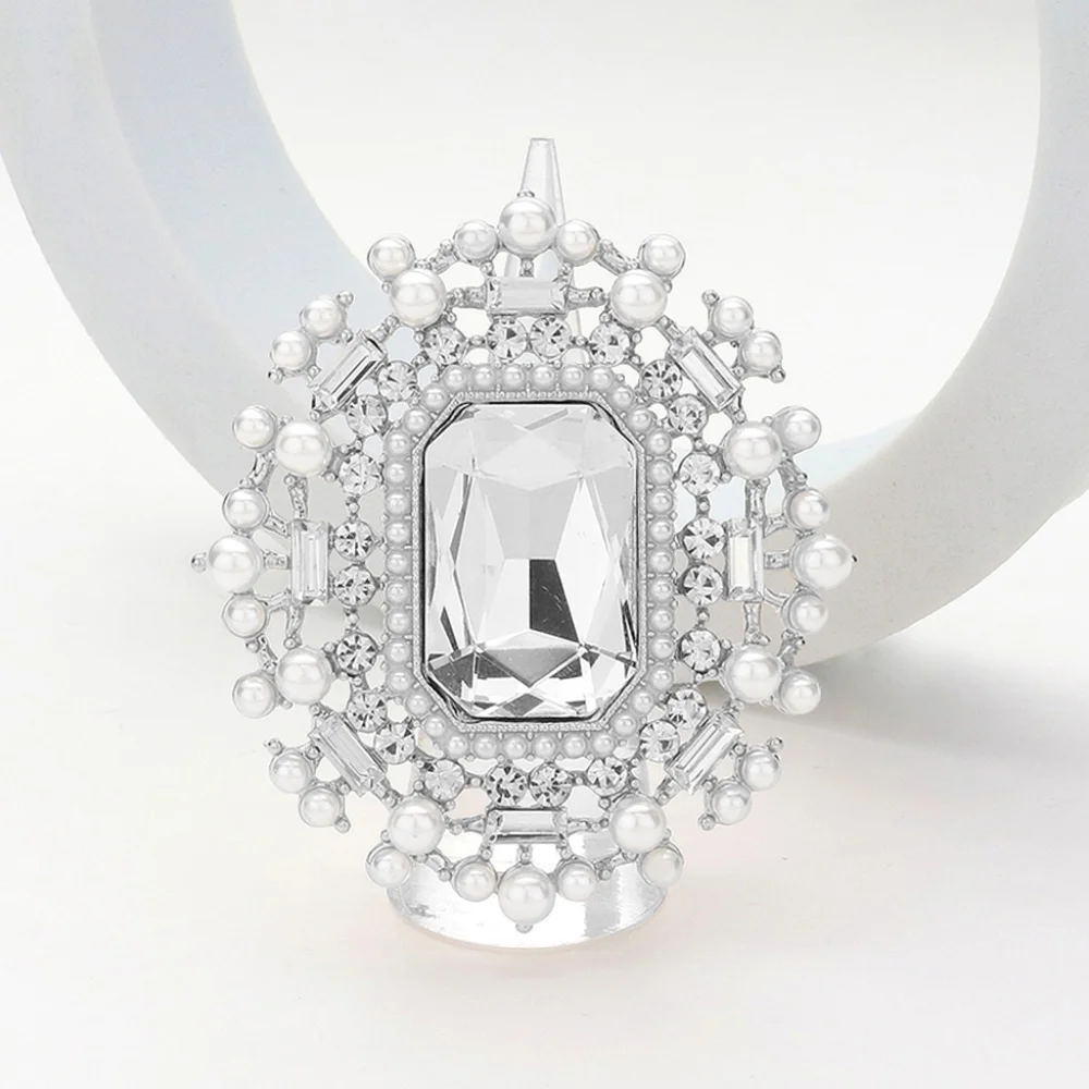 Silver Crystal Stretch Rectangle Glass Big Large Statement Ring Pearl Finger